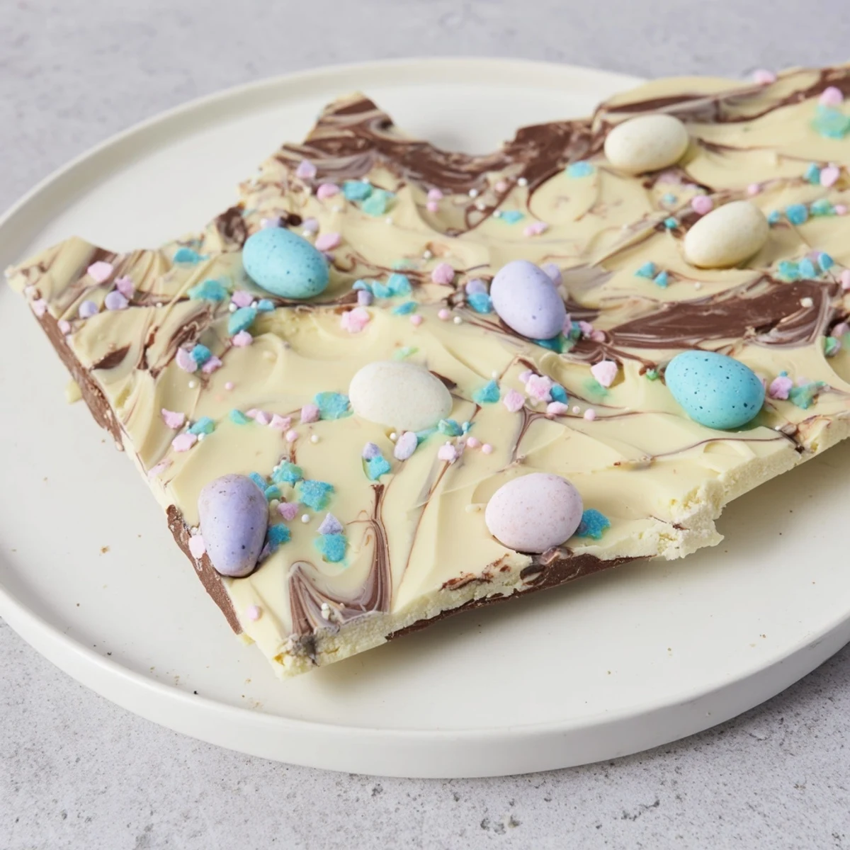Close-up of Robin Egg Easter Bark broken into rustic pieces, ready to share