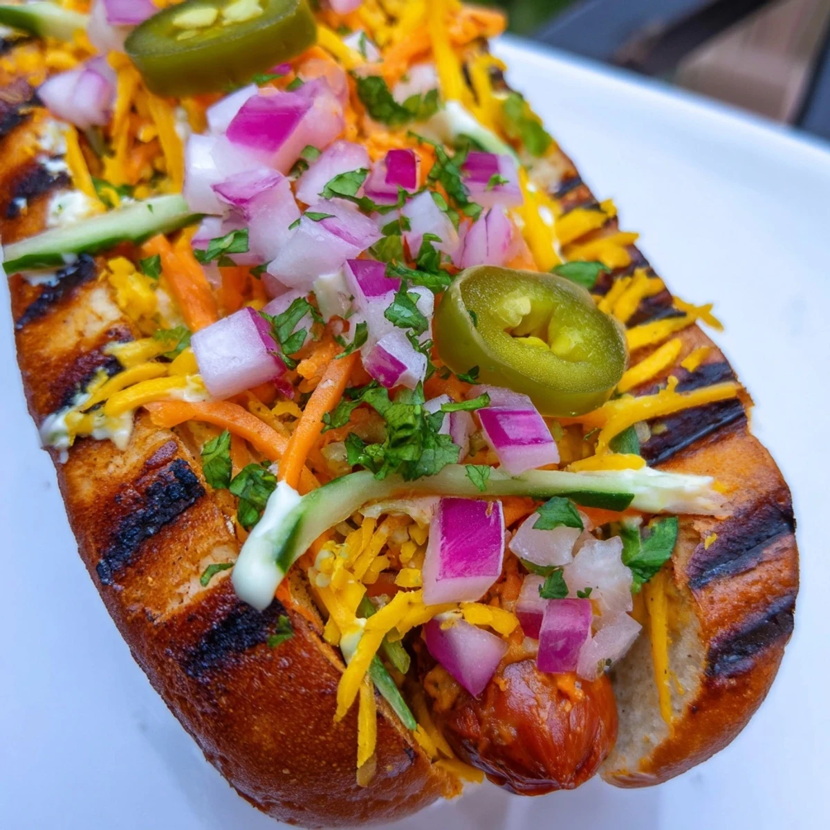 Toasted bun filled with spicy firecracker hot dogs drizzled with marinade and crunchy toppings