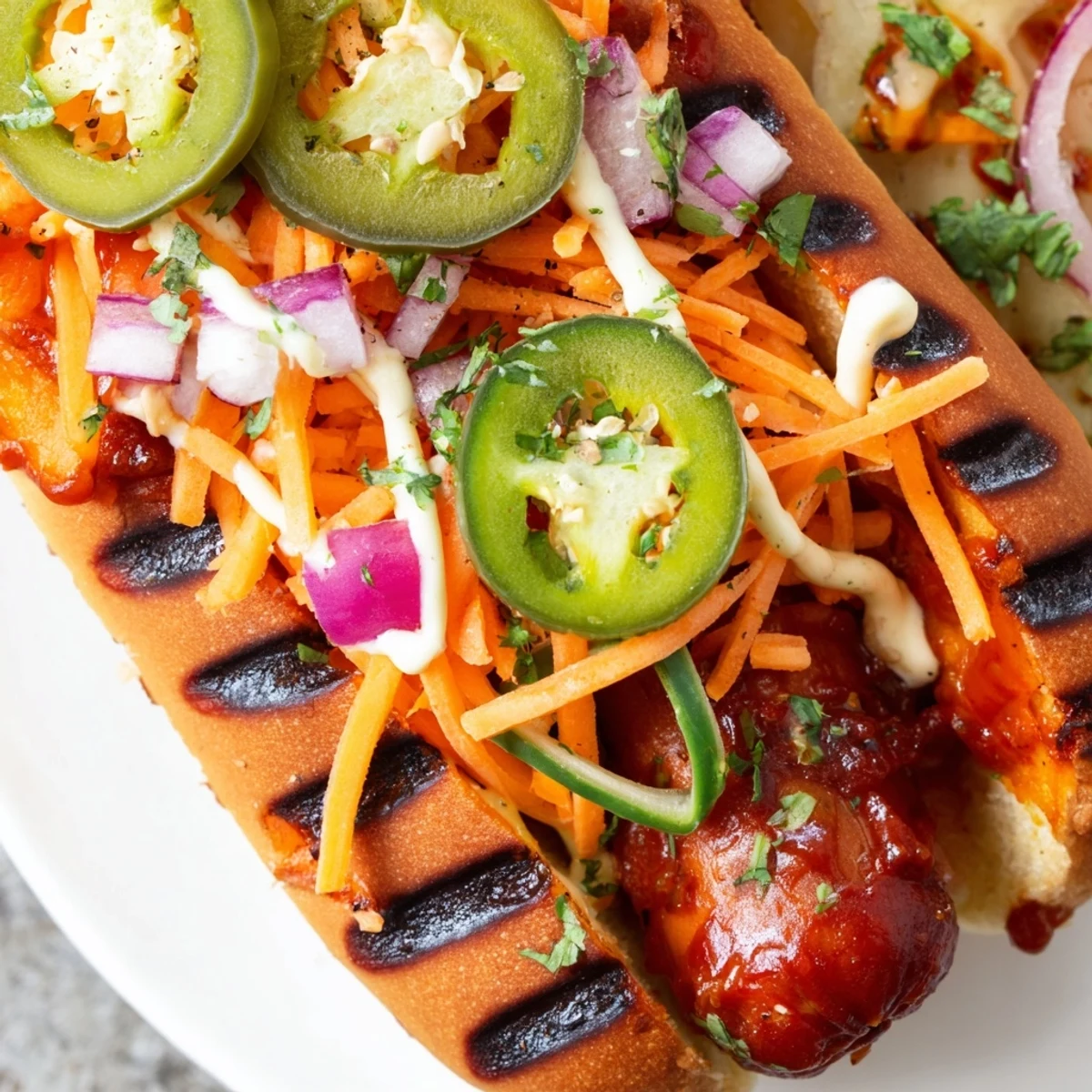 Grilled spicy firecracker hot dogs topped with melted cheddar, jalapeños, and fresh vegetables