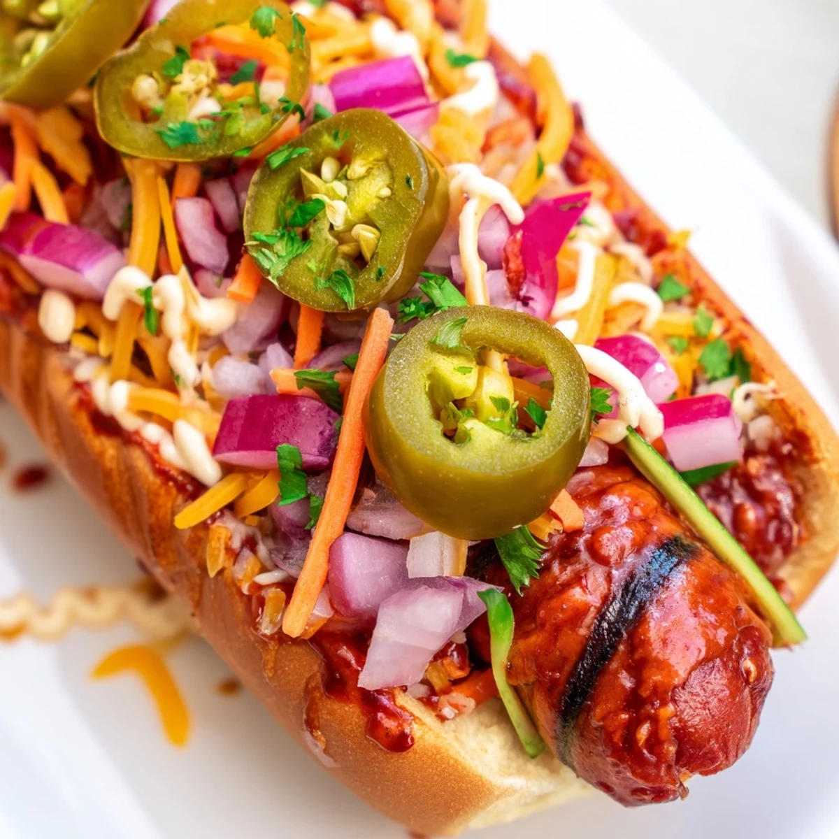 Fire-grilled spicy firecracker hot dogs loaded with cheese, pickled peppers, and colorful julienned vegetables