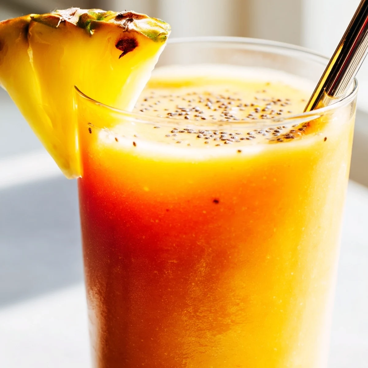 Golden tropical sunrise protein smoothie layered with vibrant mango, pineapple, and banana slices in a clear glass.