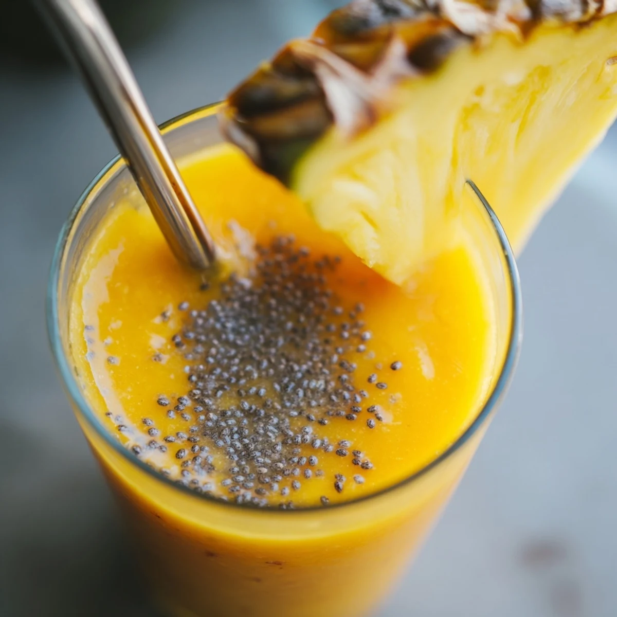 Creamy orange and coconut blended protein smoothie topped with fresh tropical fruit garnish and chia seed sprinkles.