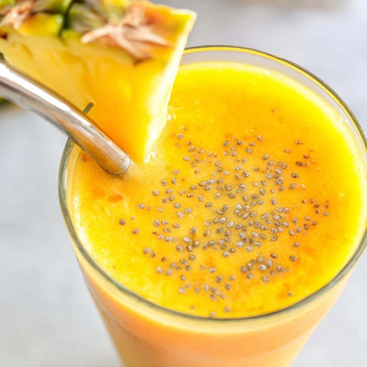 Thick mango pineapple protein smoothie poured into a tall glass with banana wheels resting on the rim.