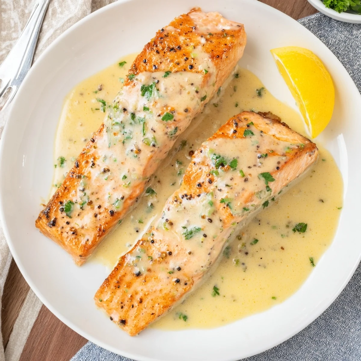 Golden pan-seared salmon fillet drizzled with creamy lemon garlic sauce and fresh parsley