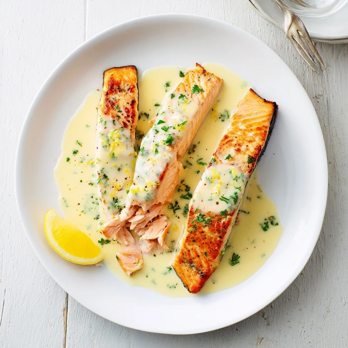 Close-up of salmon fillet topped with tangy lemon cream sauce and chopped parsley flakes