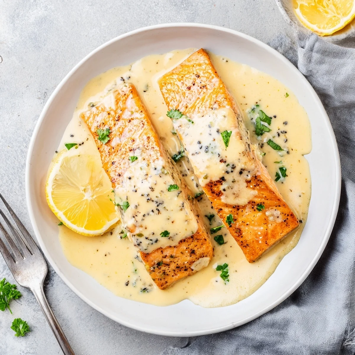 Tender salmon with lemon cream sauce served in a white skillet garnished with herbs