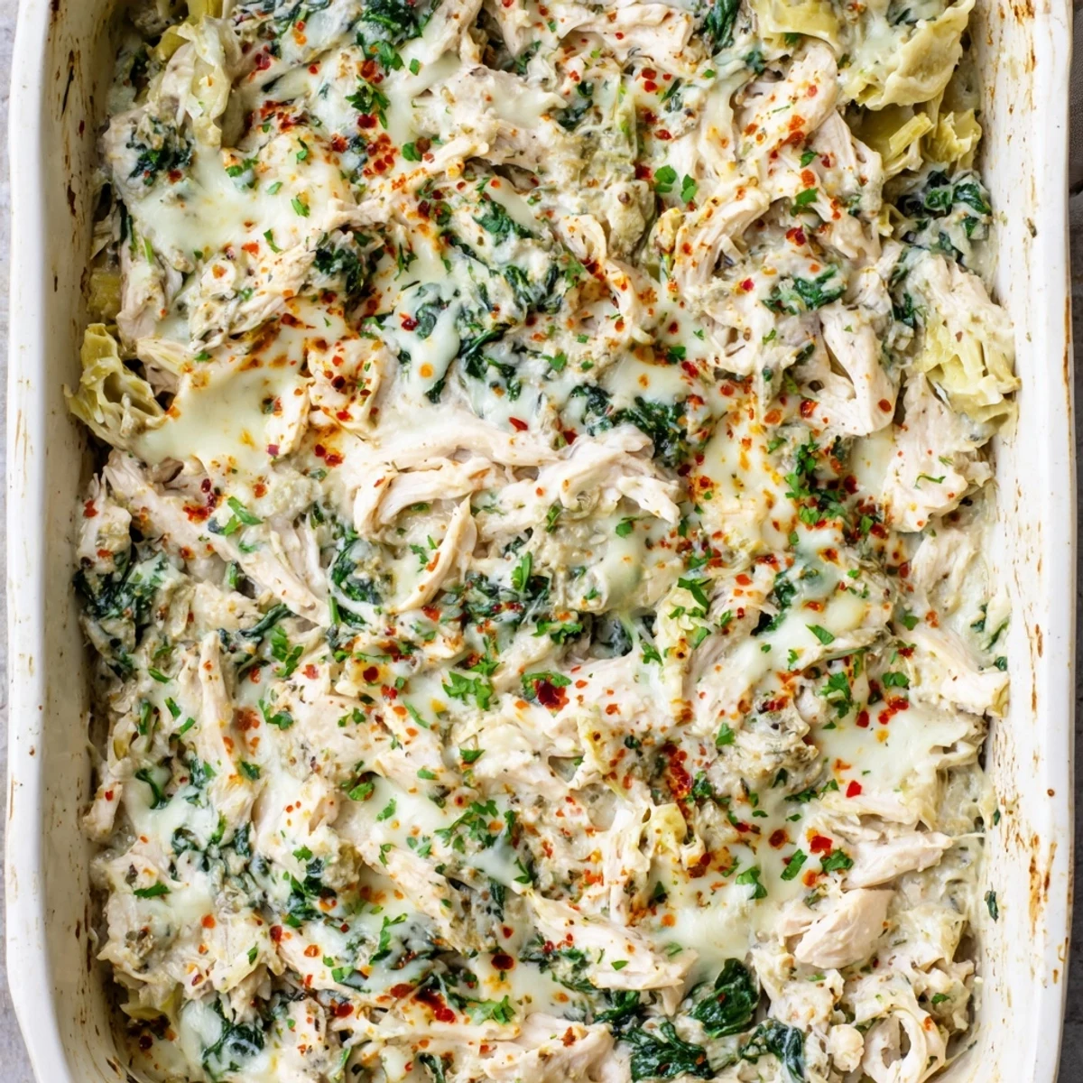 Creamy spinach and artichoke chicken casserole served in a white baking dish with parsley garnish
