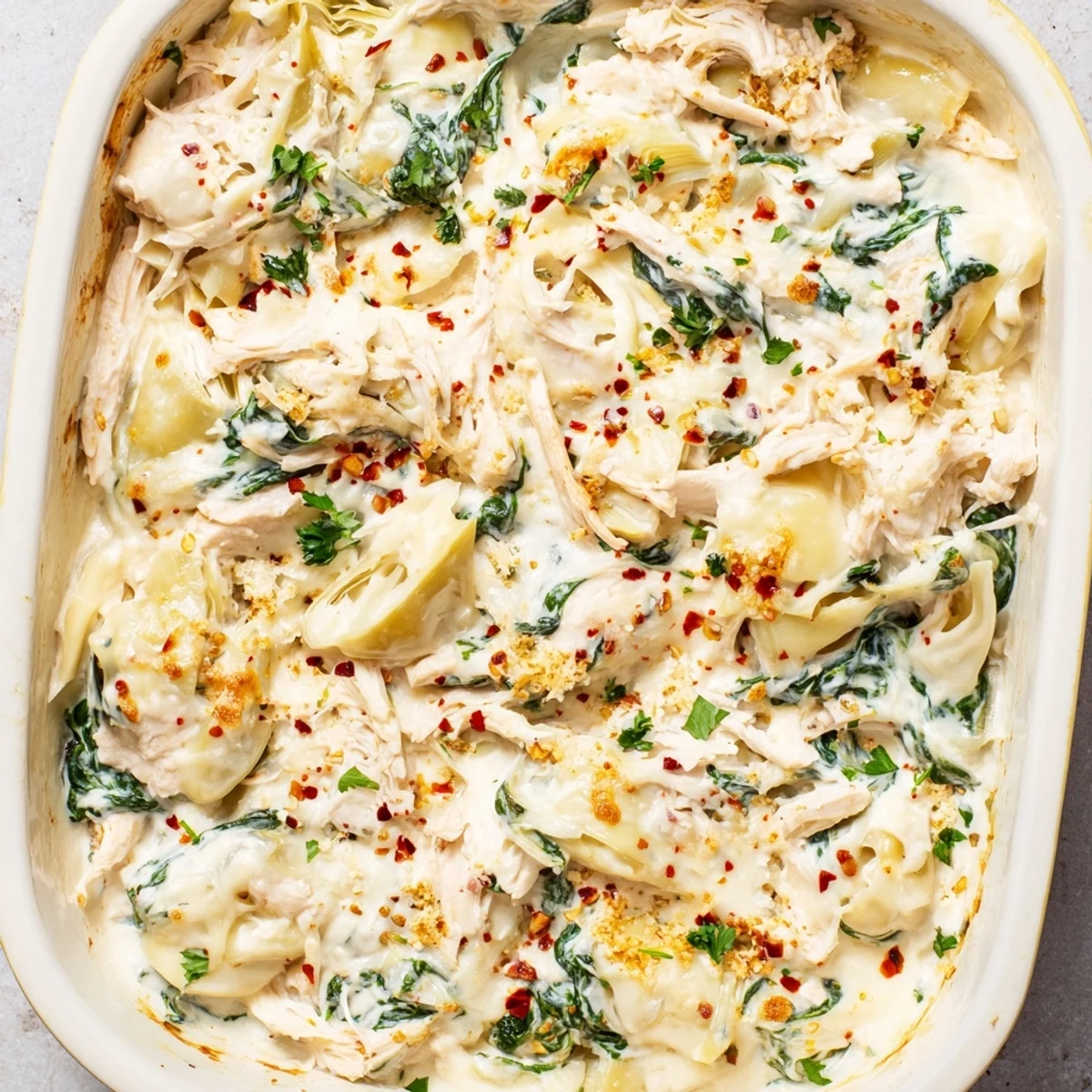 Golden bubbly Spinach Artichoke Chicken Casserole fresh from the oven with melted cheese topping