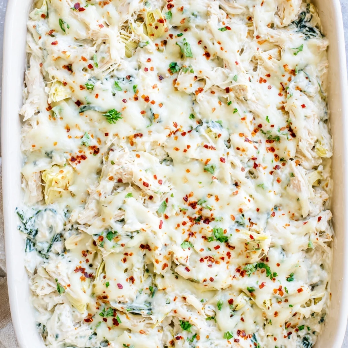 Spoonful of cheesy spinach artichoke chicken casserole showing tender chunks and golden brown crust