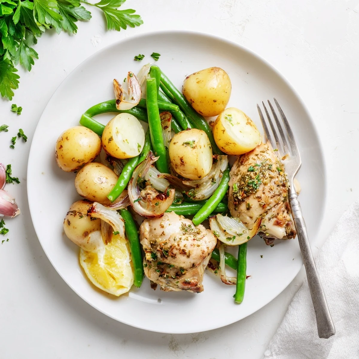 One-pot slow cooker meal featuring seasoned chicken, baby potatoes, and green beans steaming hot