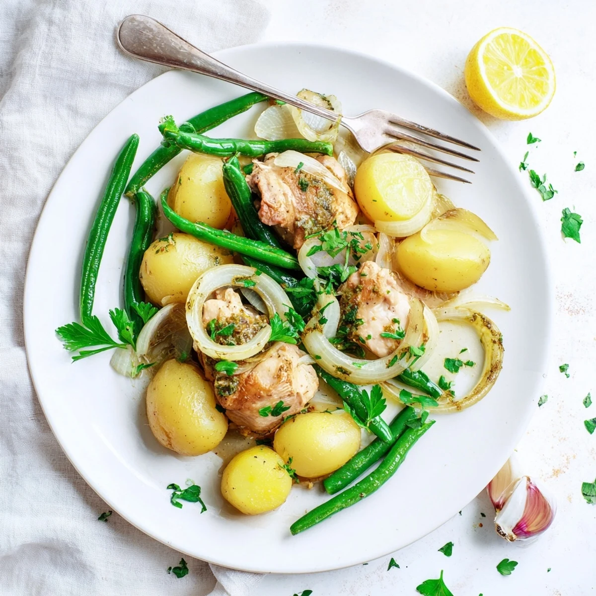 Tender chicken breasts nestled with creamy potatoes and crisp green beans in a rich broth