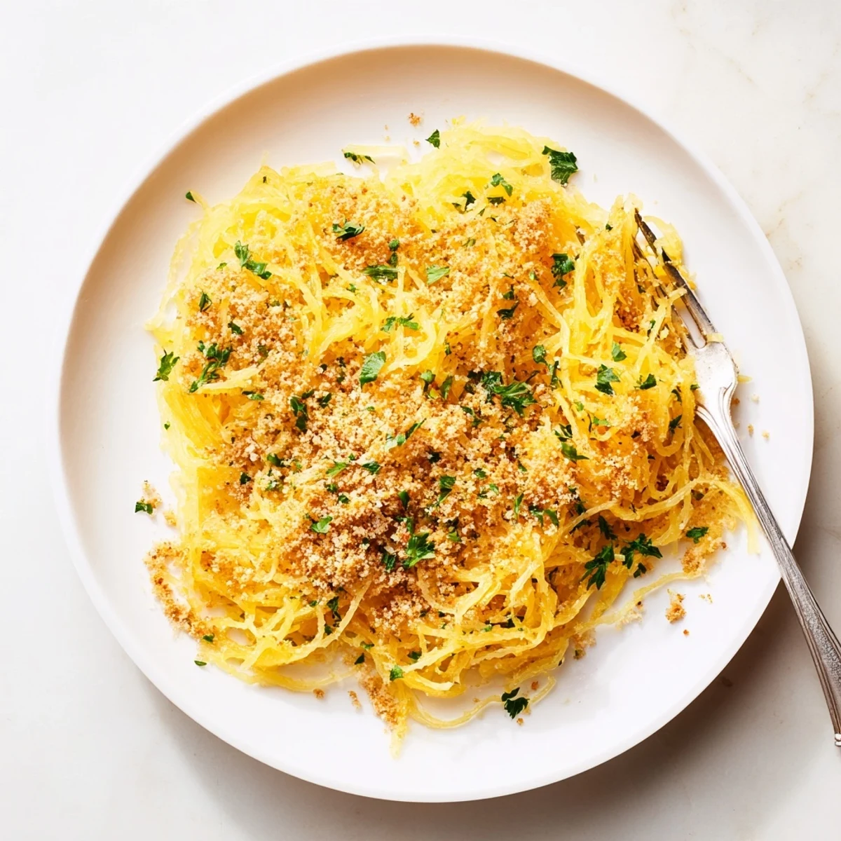 Steaming spaghetti squash mac and cheese garnished with fresh parsley, bubbling with melted Gruyère cheese