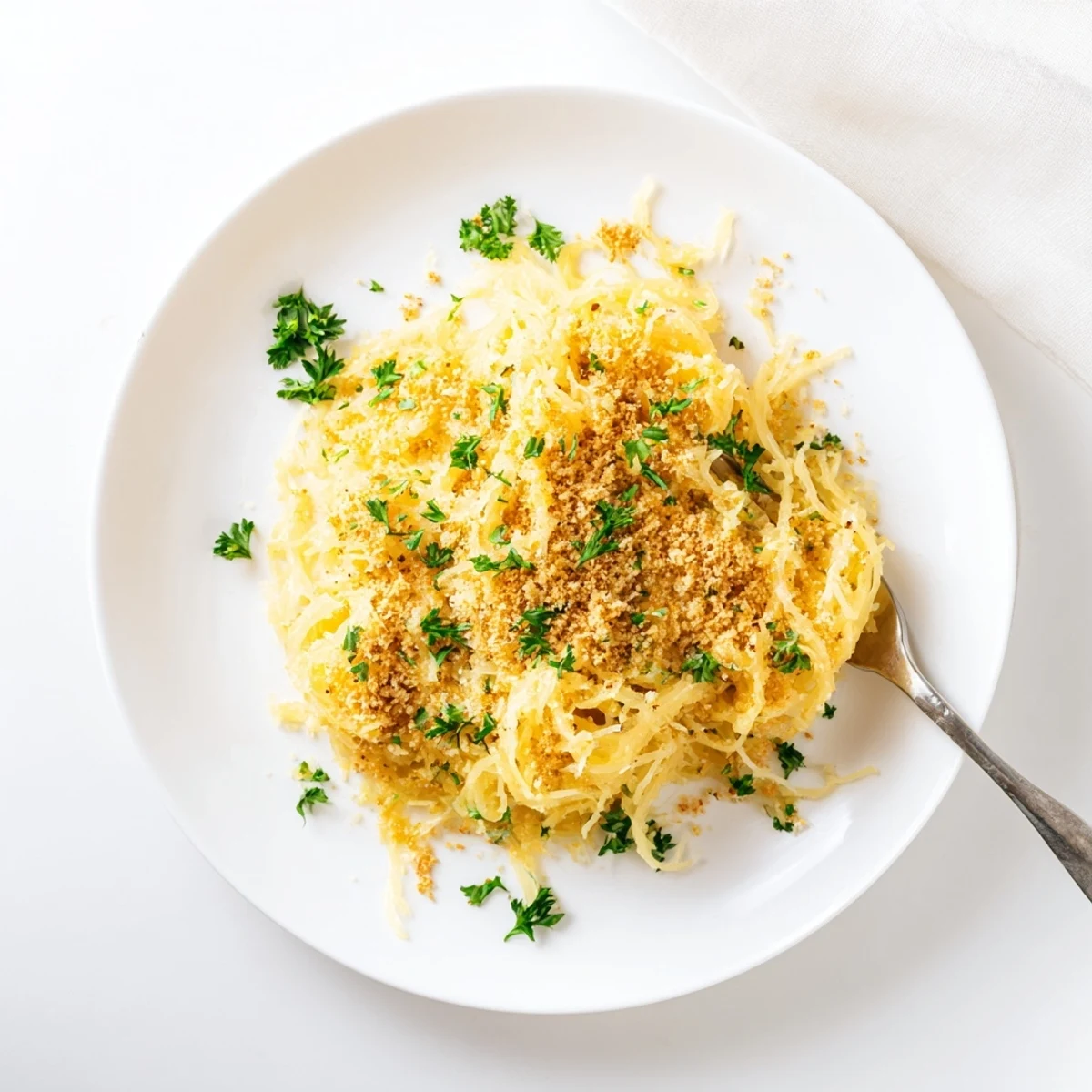 Golden baked spaghetti squash mac and cheese with crispy breadcrumb topping in a white serving bowl