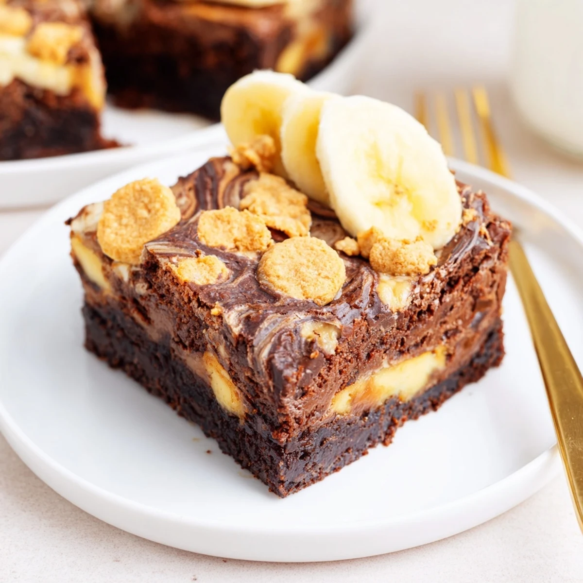 Warm Banana Pudding Brownies served with banana slices and vanilla ice cream  