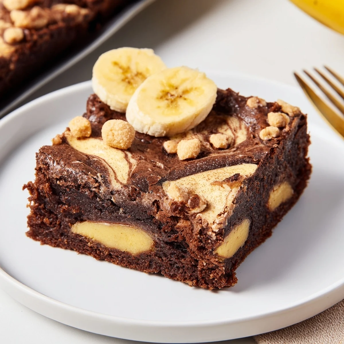 Sliced Banana Pudding Brownies showing fudgy layers, creamy banana swirl, crunchy topping