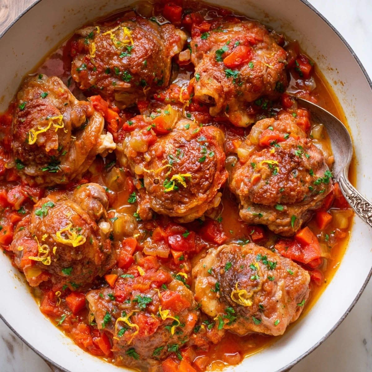 Braised Chicken Thigh Osso Bucco served over creamy polenta with lemon zest