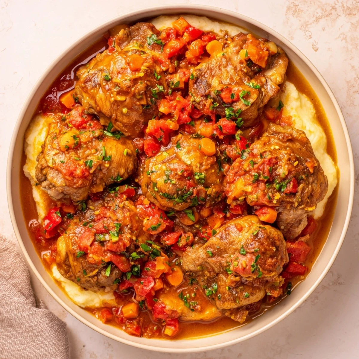 Chicken Thigh Osso Bucco simmering in tomato and white wine sauce with parsley