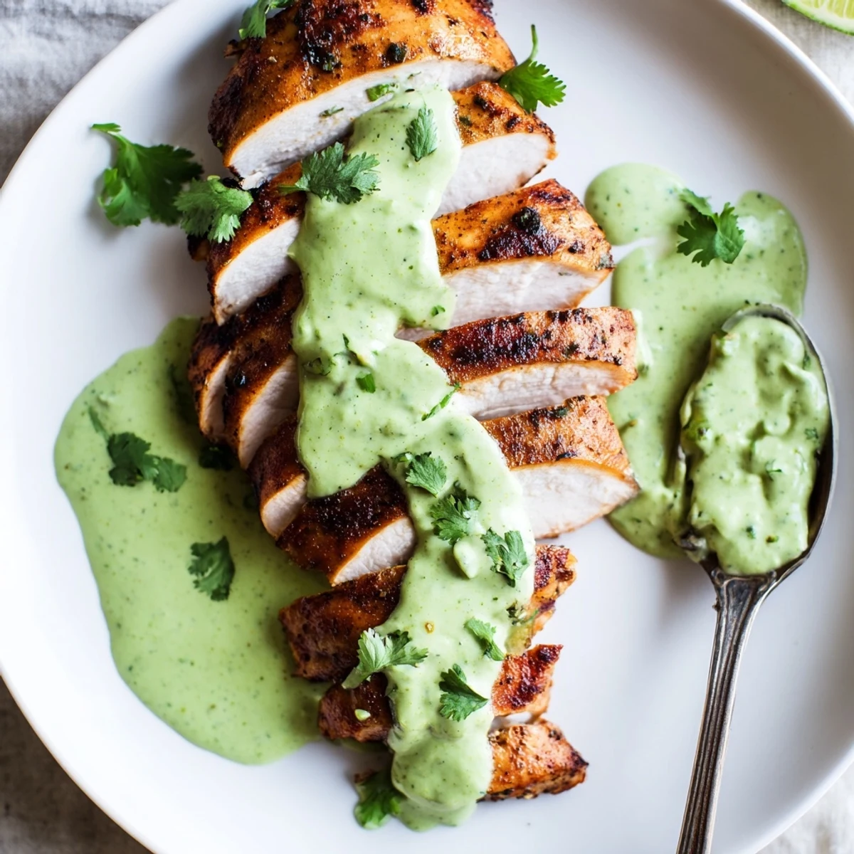 Tomatillo Ranch Chicken baked golden, juicy breasts drizzled with vibrant green sauce