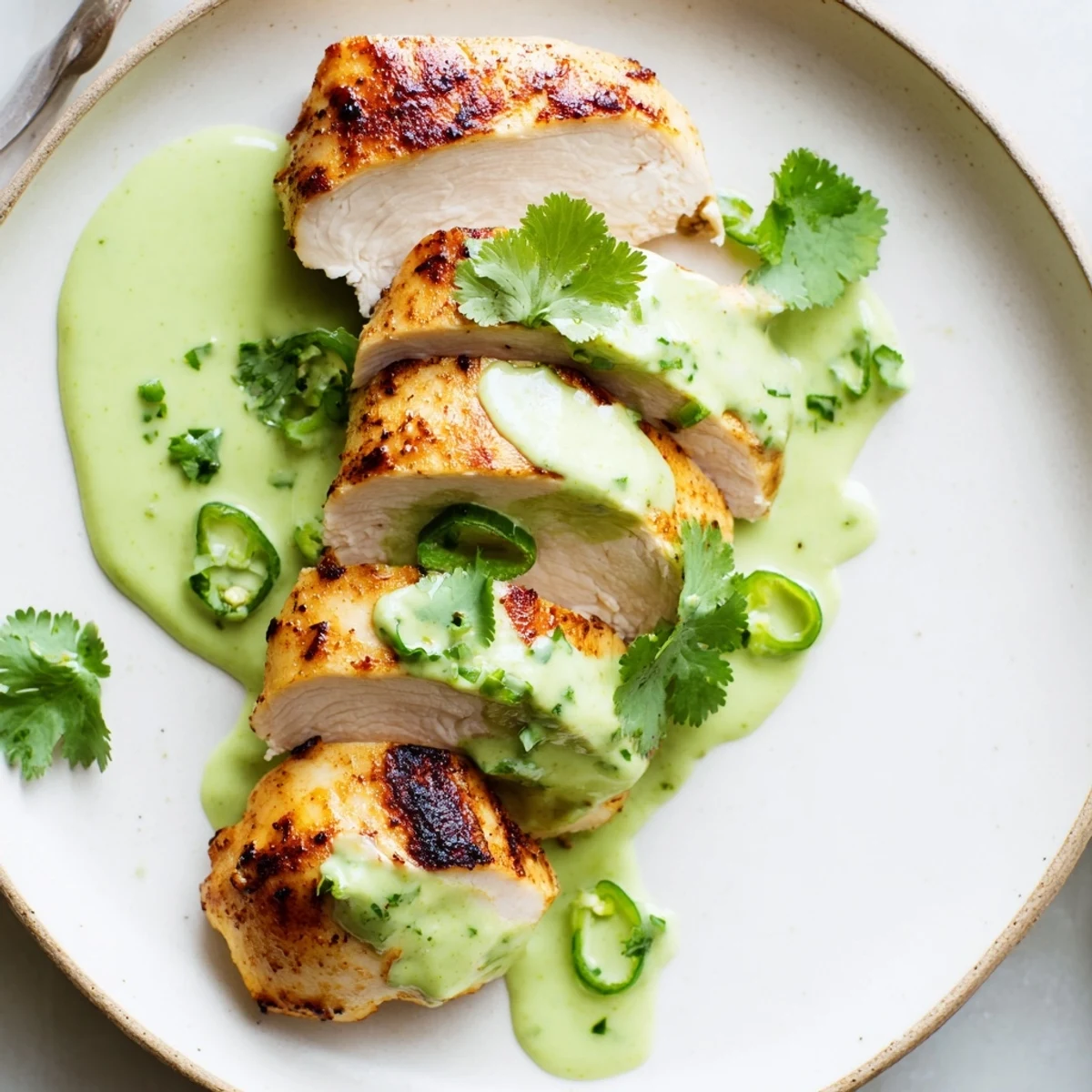 Sliced Tomatillo Ranch Chicken resting on plate, cilantro and lime garnish
