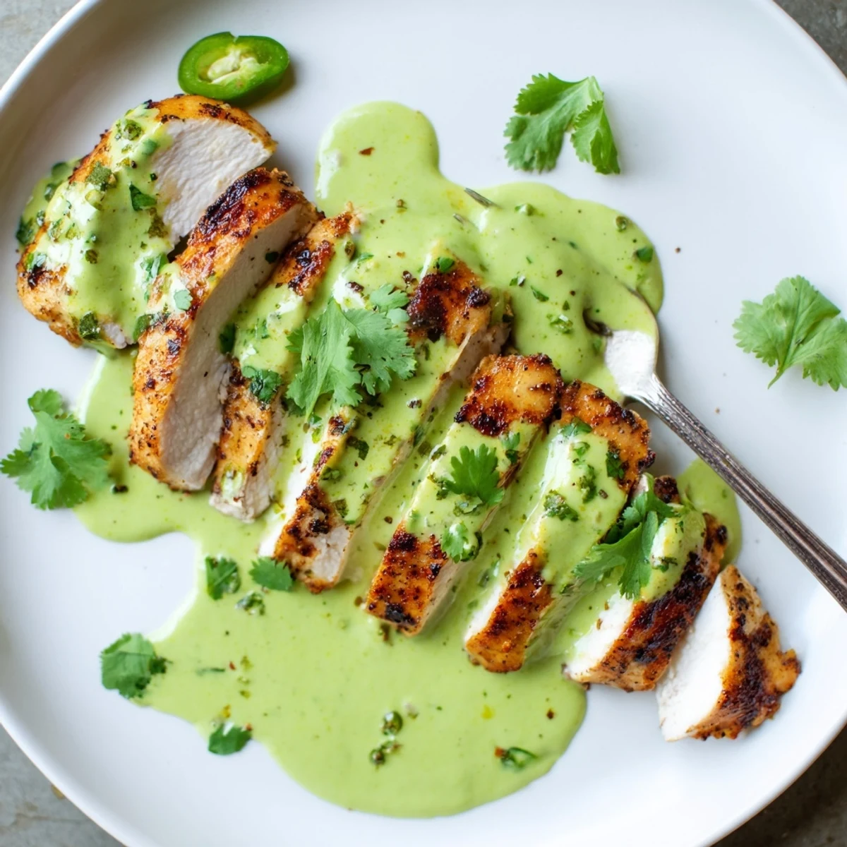 Grilled Tomatillo Ranch Chicken served with rice and charred jalapeño slices