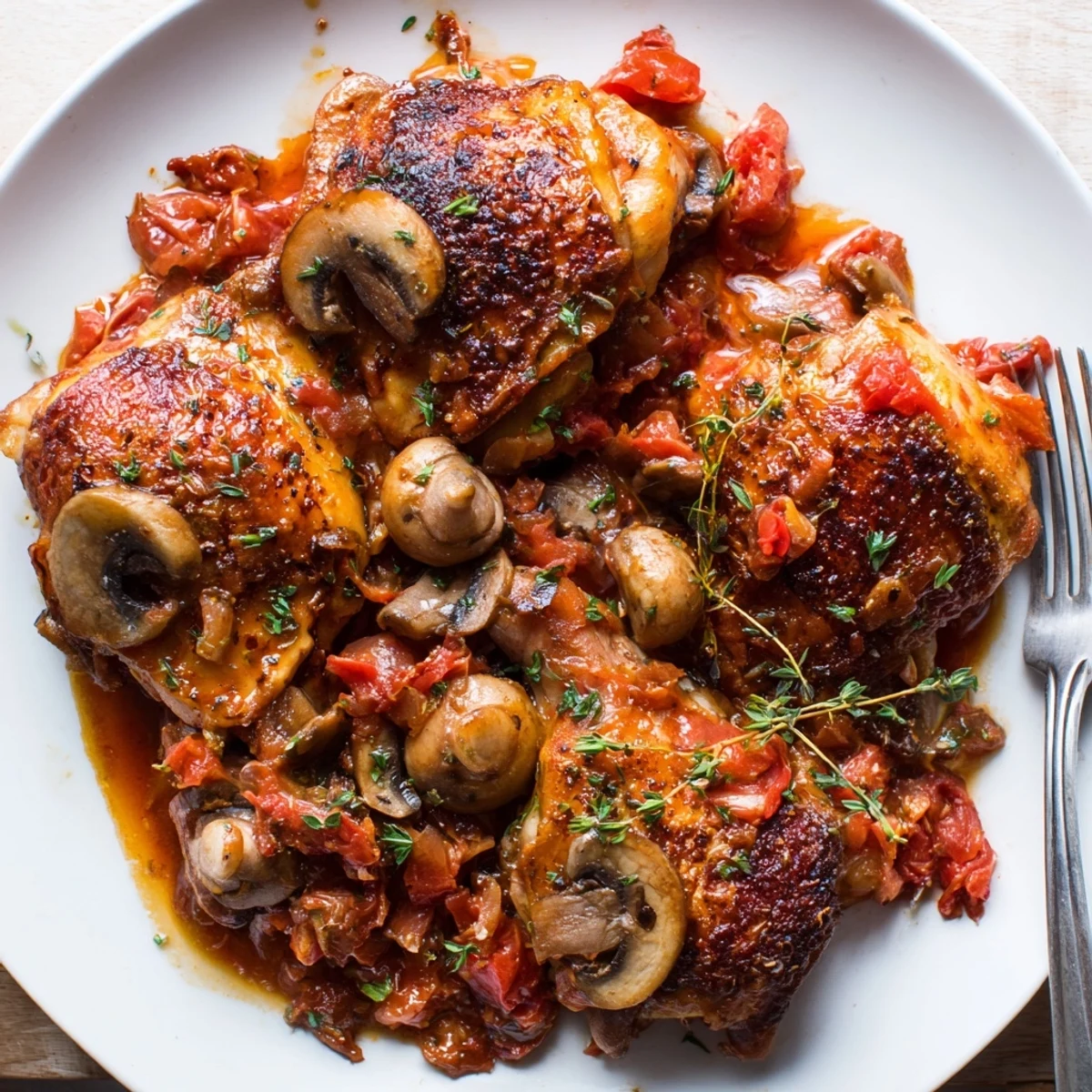Classic French Hunters Chicken with golden brown skin in rich tomato and mushroom sauce