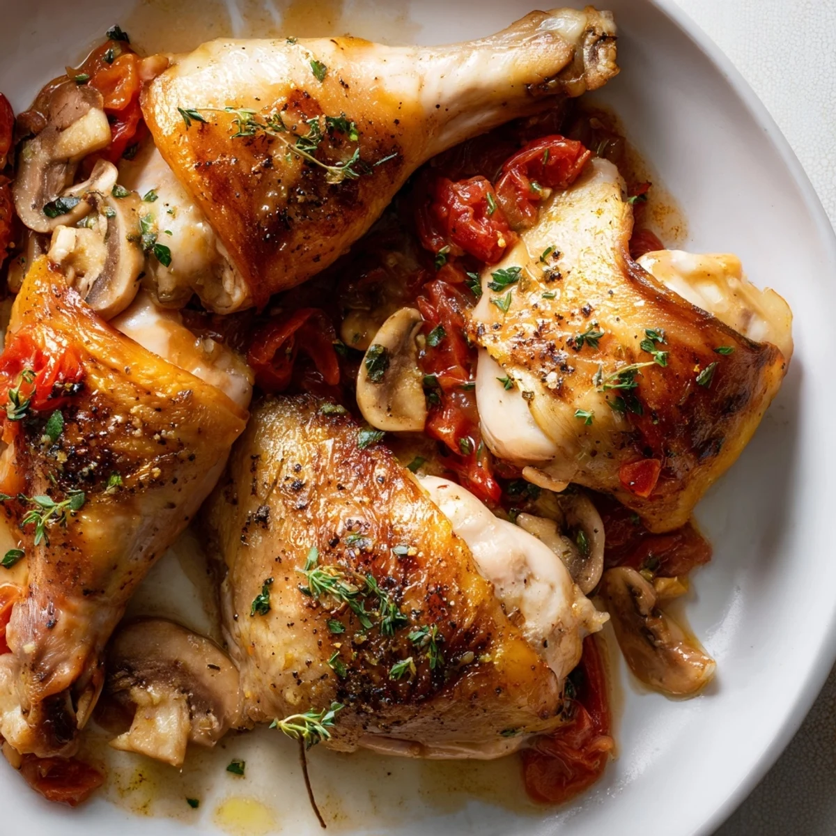 Hearty Classic French Hunters Chicken braised in white wine, fragrant thyme and mushrooms