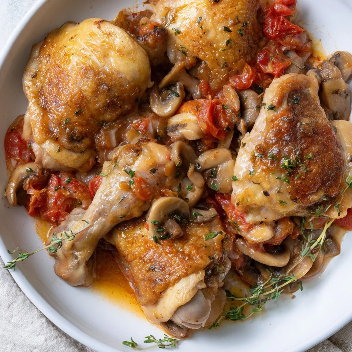 Classic French Hunters Chicken served over mashed potatoes with parsley and steaming tomato sauce