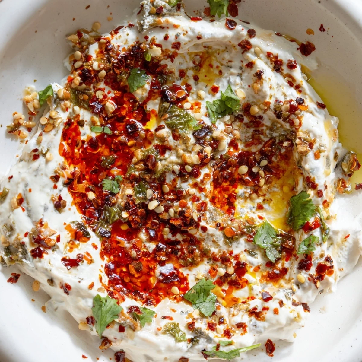 Creamy charred scallion and chili crisp dip topped with a fiery oil drizzle