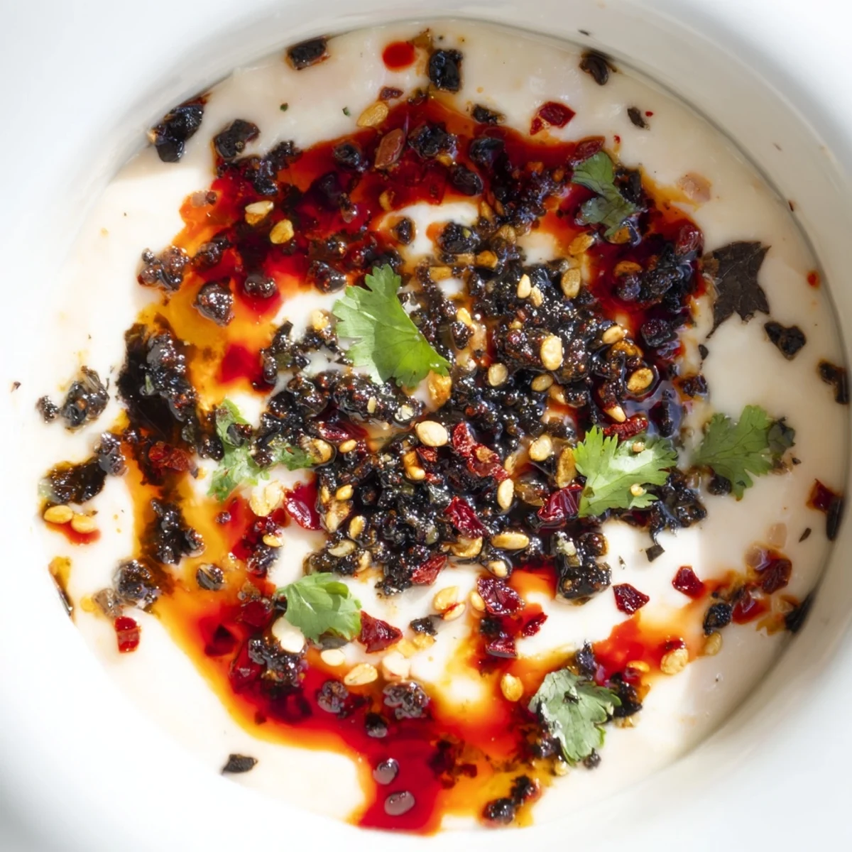 Smoky charred scallion and chili crisp dip served alongside crunchy veggie sticks