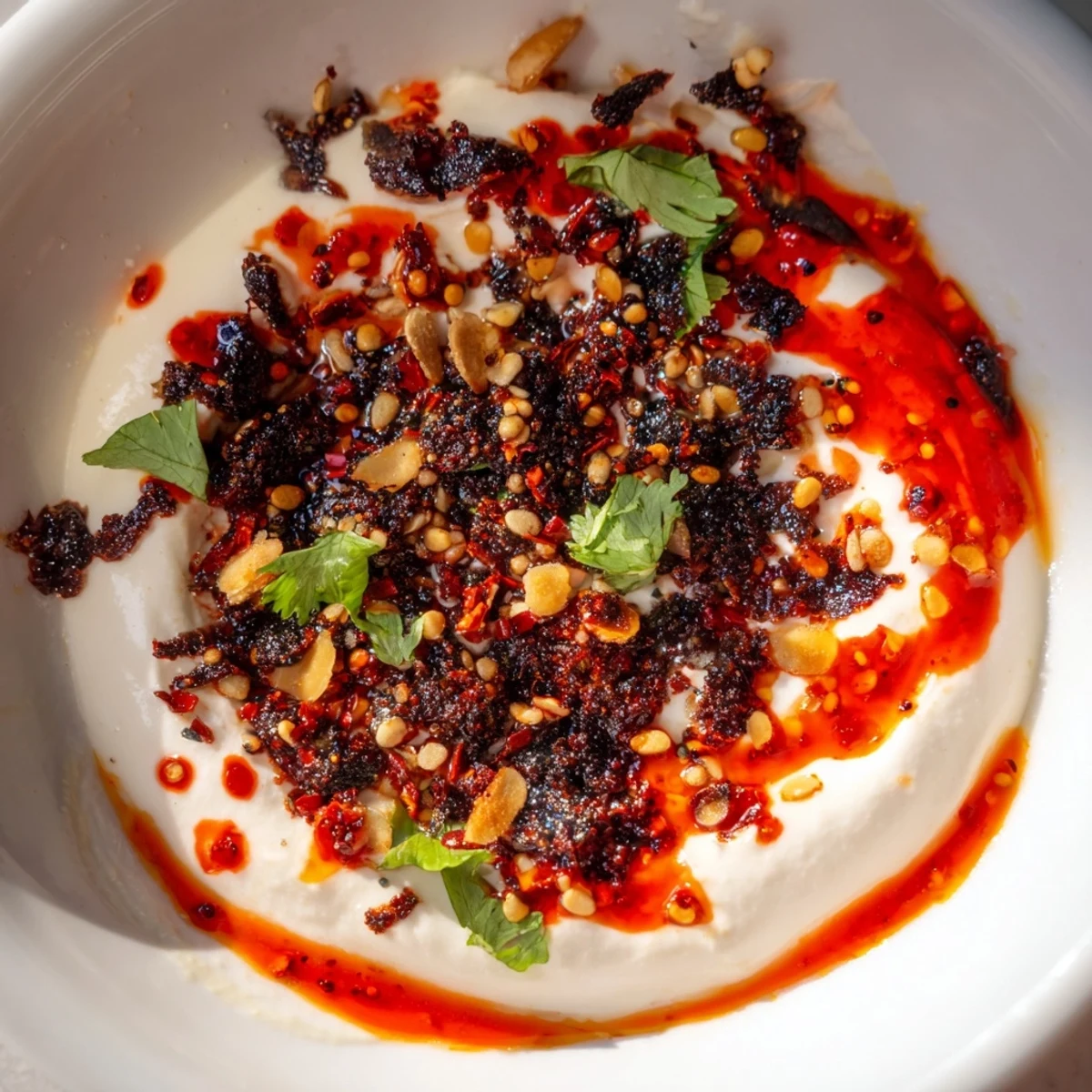 Rustic bowl of charred scallion and chili crisp dip with fresh cilantro garnish