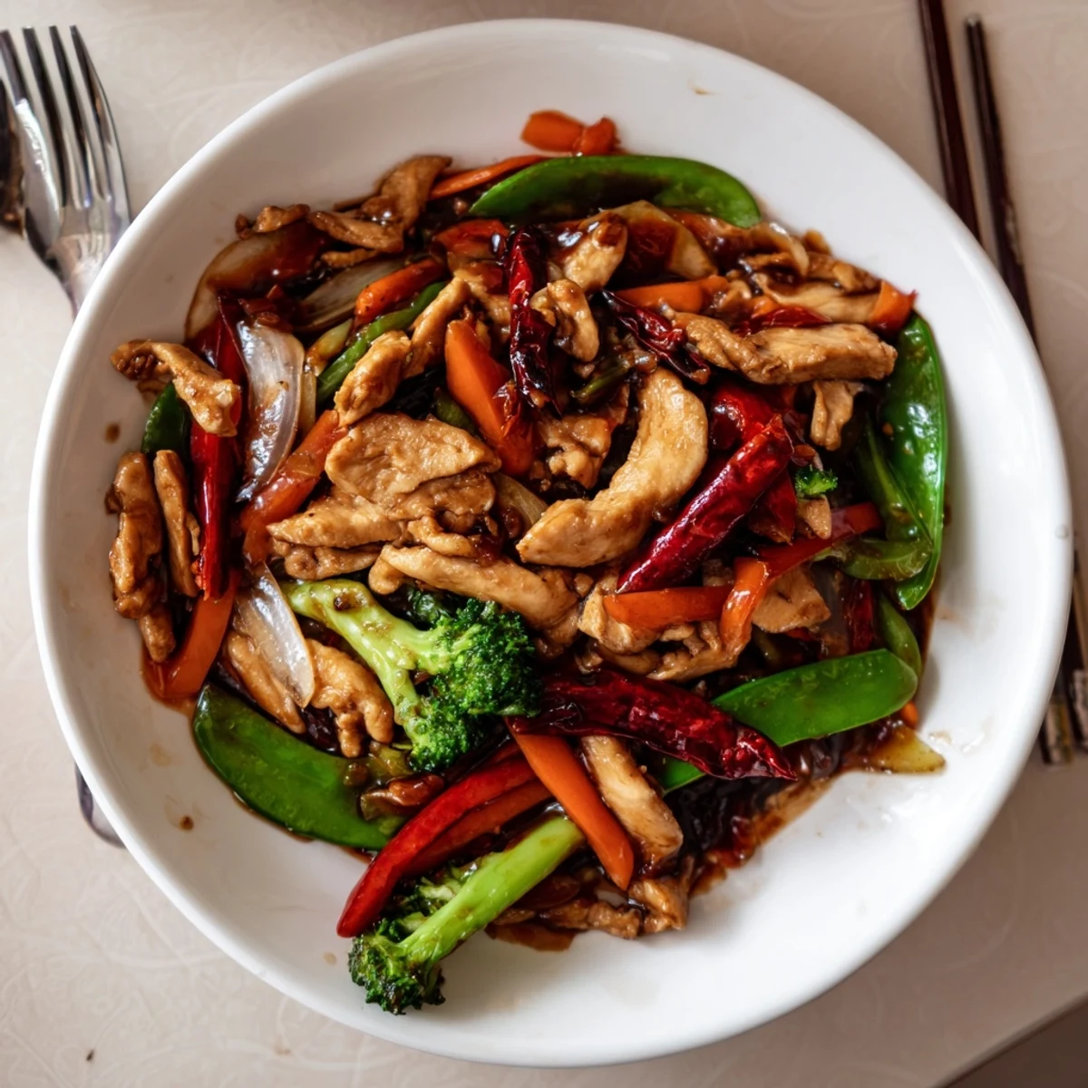 Hunan Chicken sizzling in a wok with glossy red chili sauce and crisp colorful vegetables