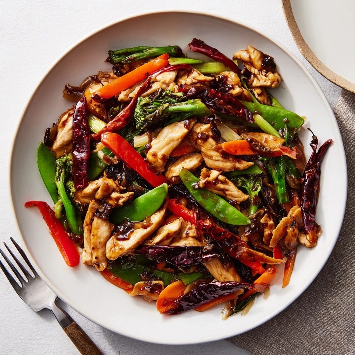 Tender slices of Hunan Chicken tossed with vibrant bell peppers and fiery dried chilies