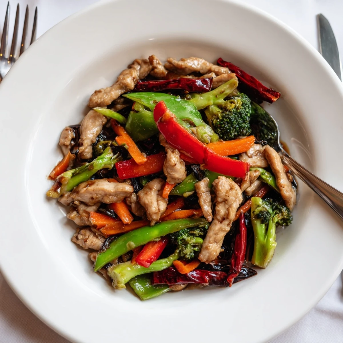 Spicy Hunan Chicken served over fluffy steamed rice topped with fresh green scallions
