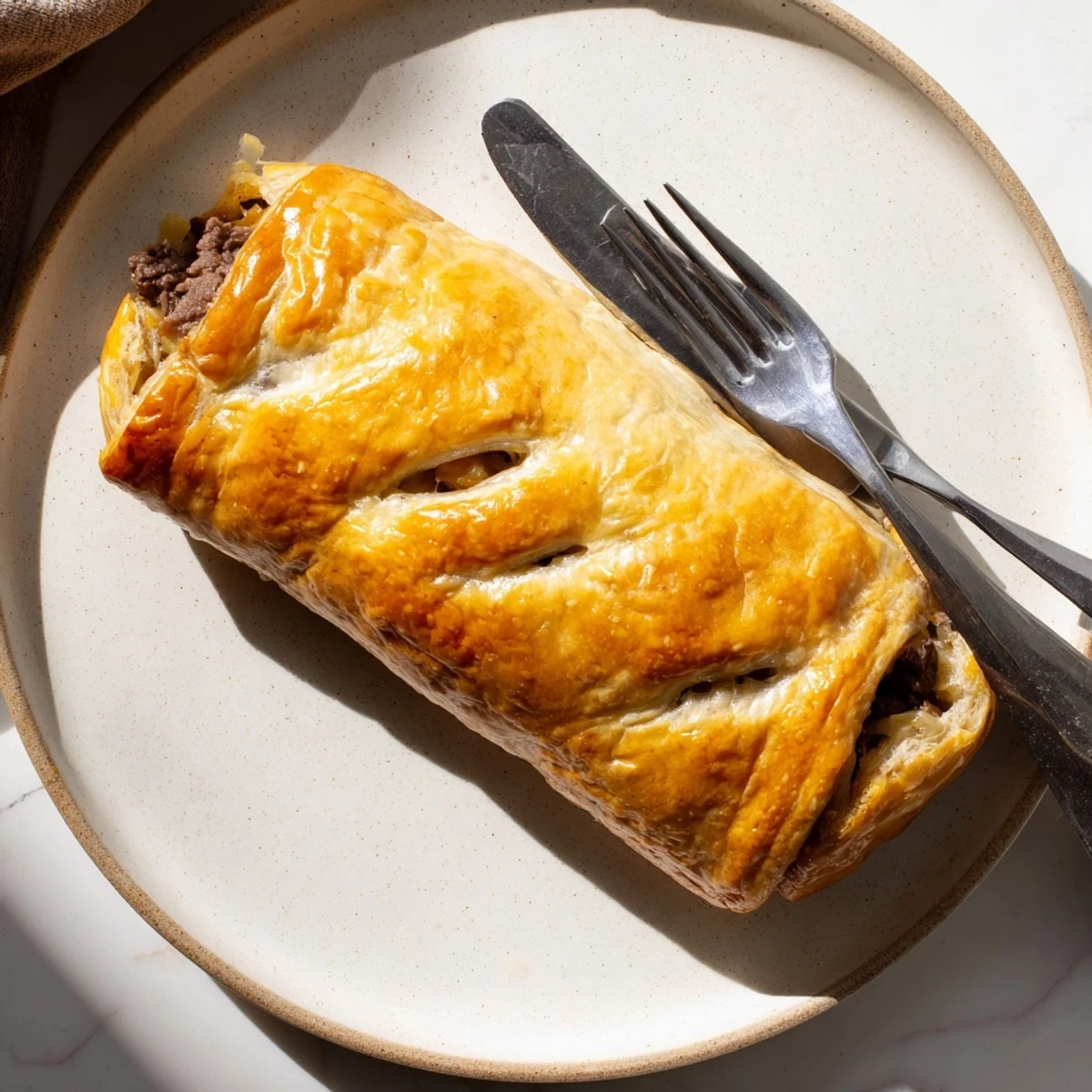 Golden Greggs inspired steak and cheese roll with flaky pastry and melted cheddar