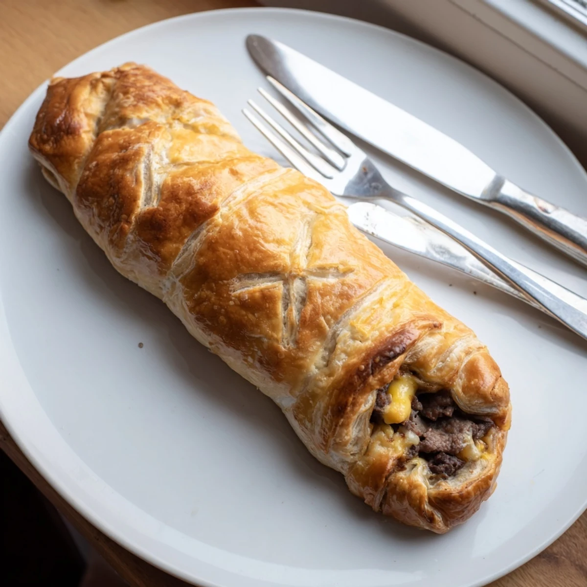 Crispy baked Greggs inspired steak and cheese roll served warm on parchment paper