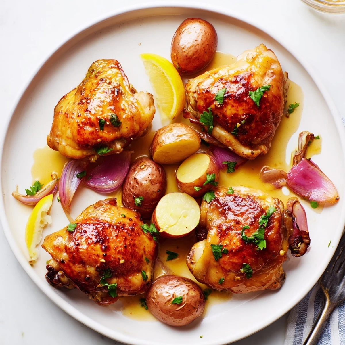 Golden baked honey lemon chicken and potatoes glazed in a sticky citrus sauce on a rustic sheet pan.