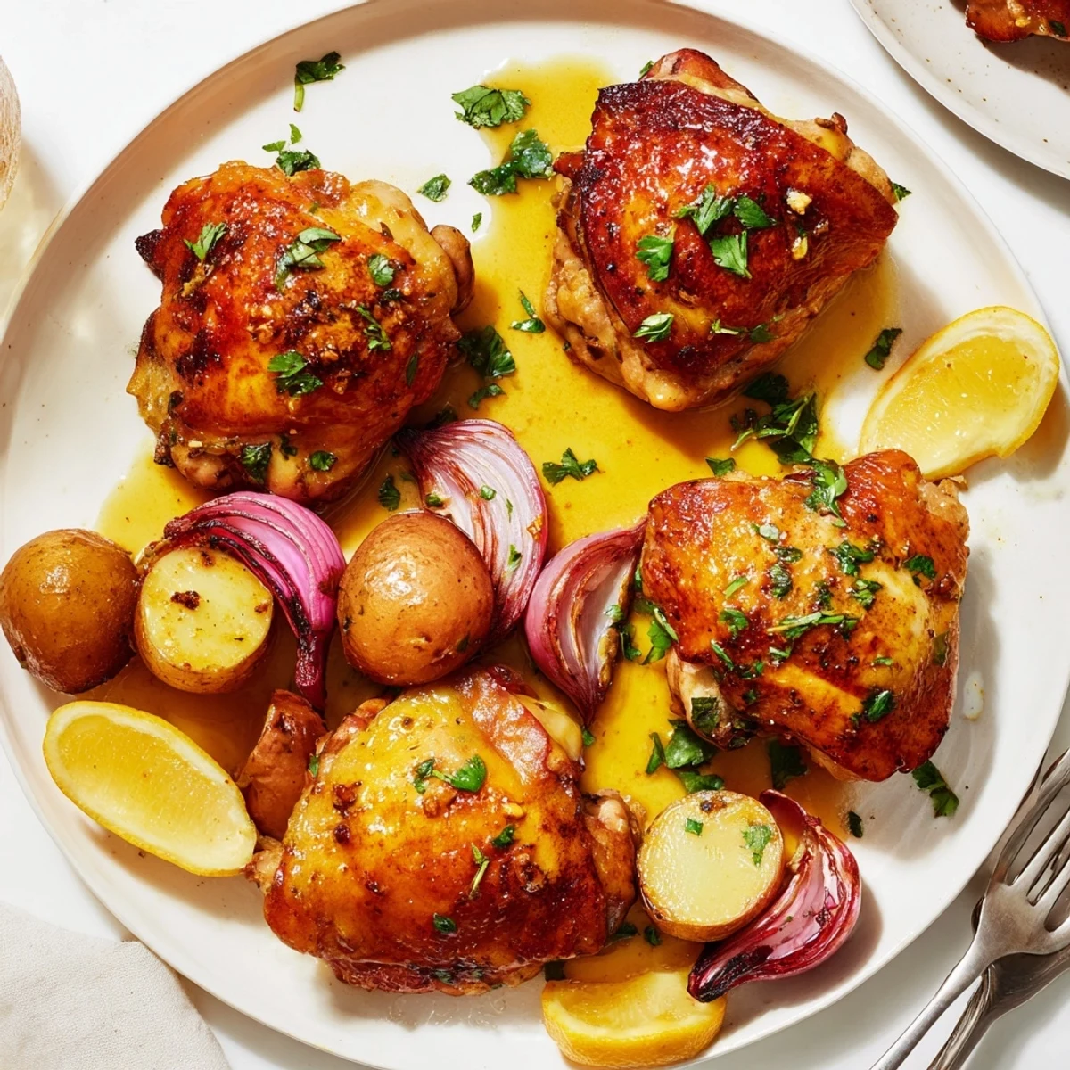 Crispy-skinned baked honey lemon chicken nestled among caramelized potato halves drizzled with tangy pan juices.