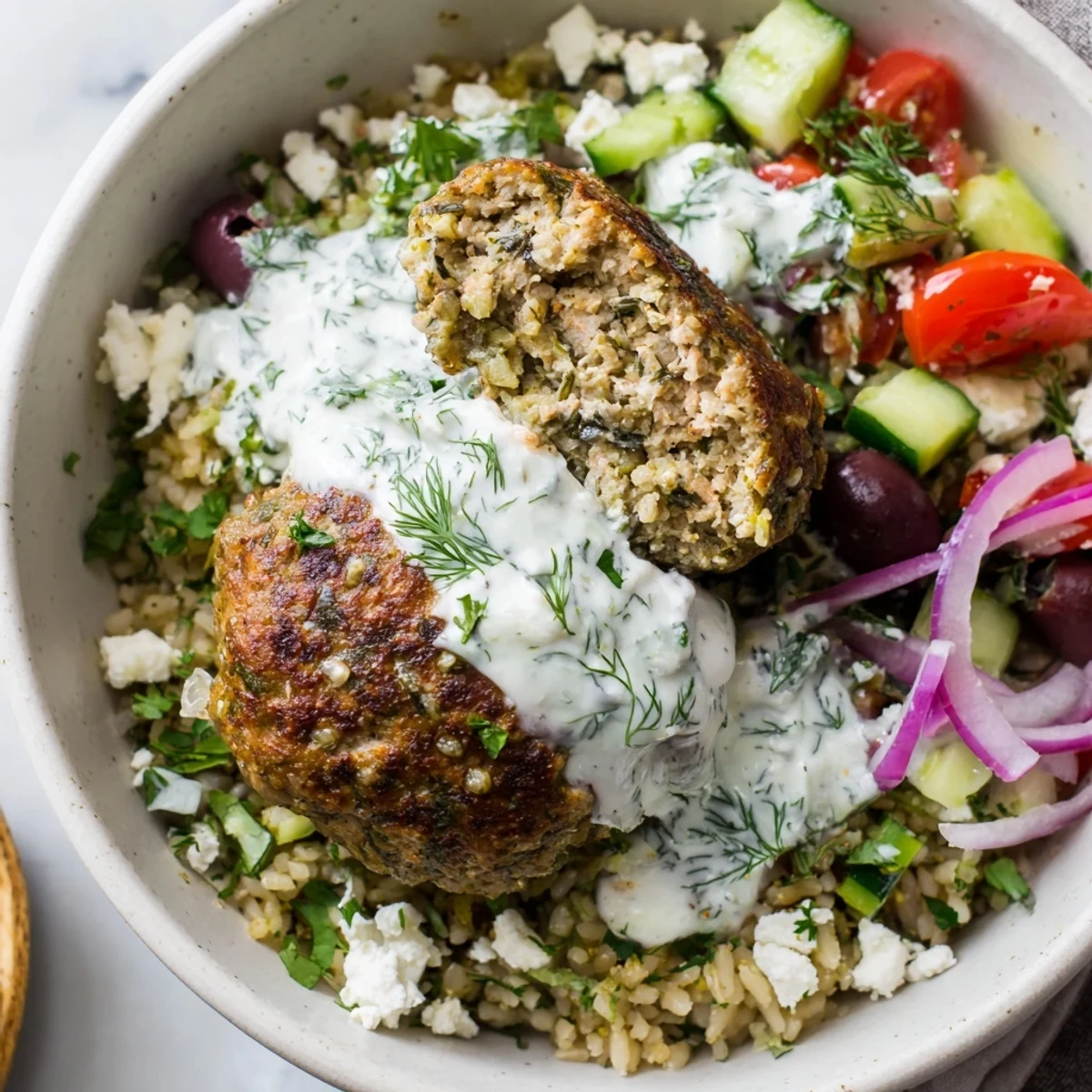 Golden za'atar turkey meatball bowls with herbed rice and fresh Mediterranean toppings