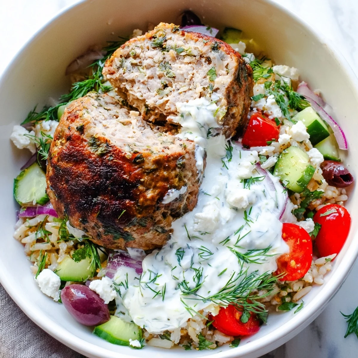 Juicy Mediterranean za'atar turkey meatball bowls drizzled with cool creamy yogurt sauce