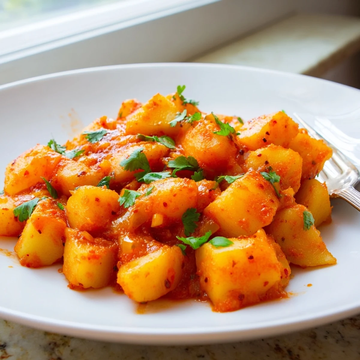 Golden papas con chile nestled in a skillet with tender potatoes and spicy red sauce.