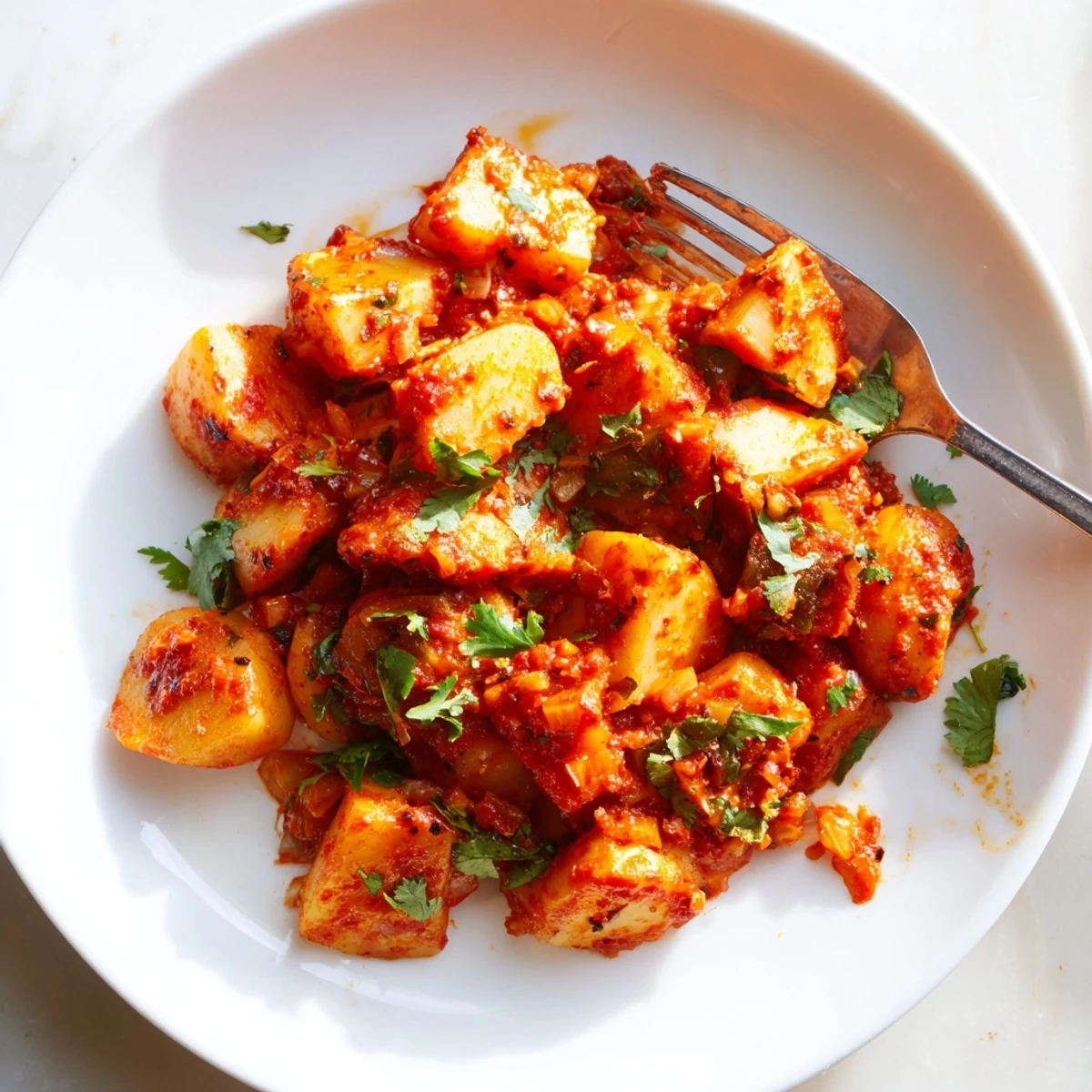 Steaming bowl of papas con chile topped with fresh cilantro and caramelized onion bits.