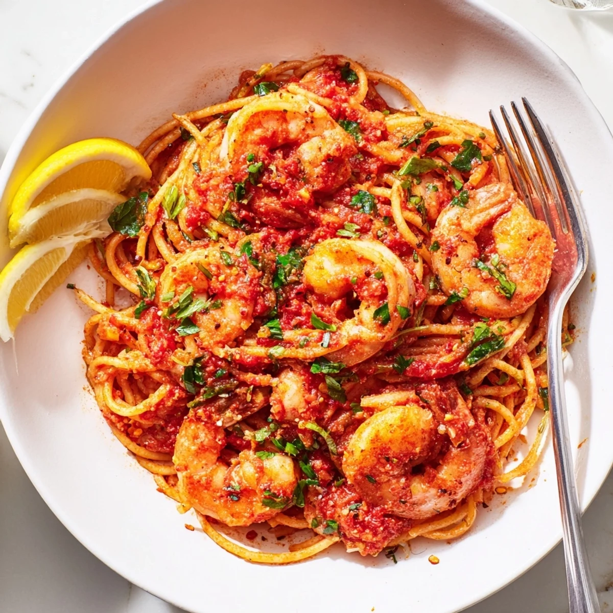 Plump pink shrimp nestled in a rich, spicy red tomato sauce garnished with fresh parsley