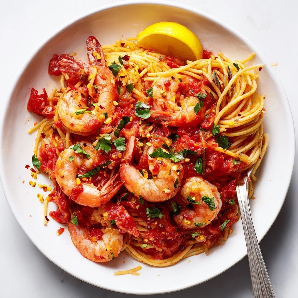 Shrimp Fra Diavolo served over steaming spaghetti with a sprinkle of bright green herbs