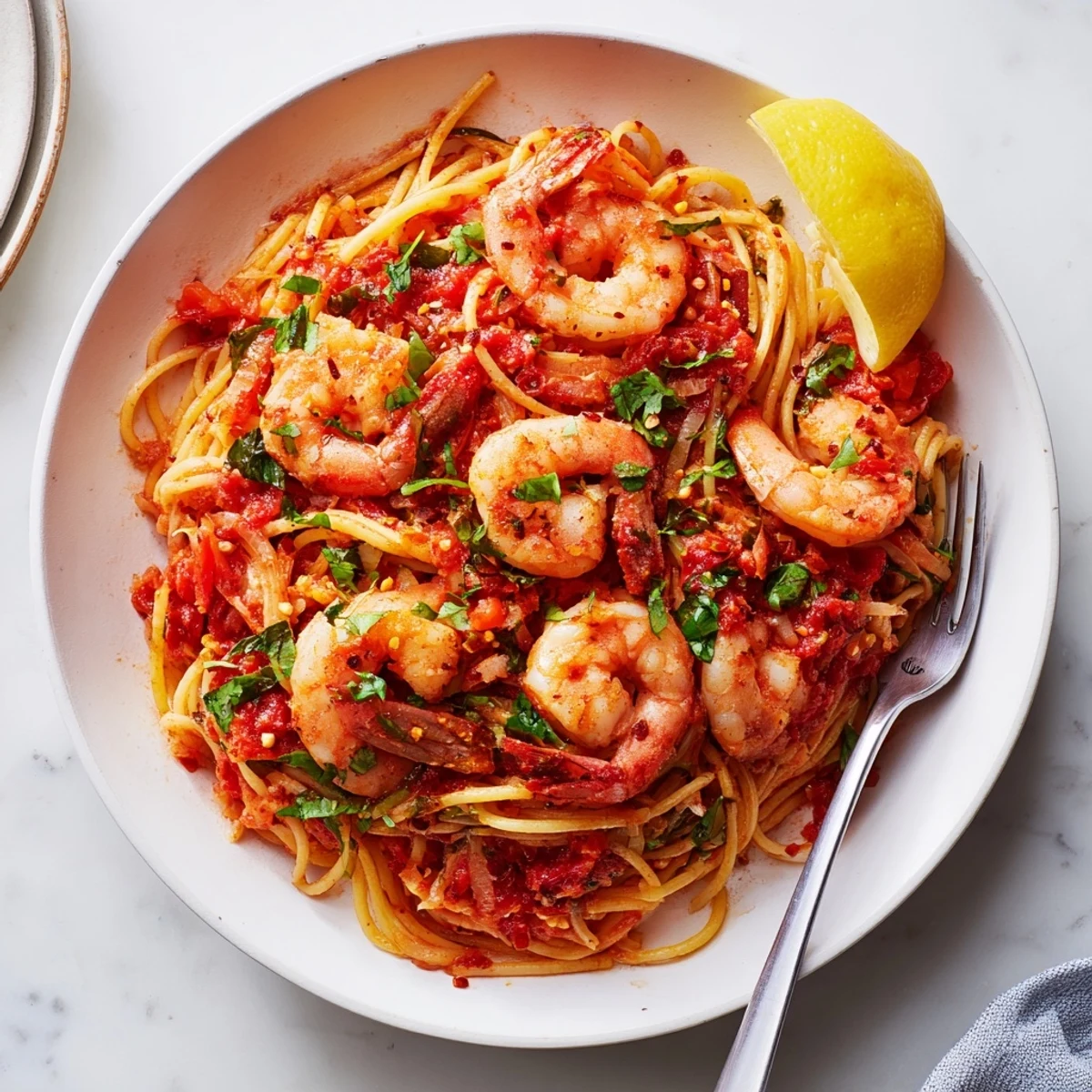 Close-up of succulent shrimp glistening in fiery crushed tomato sauce with a lemon wedge