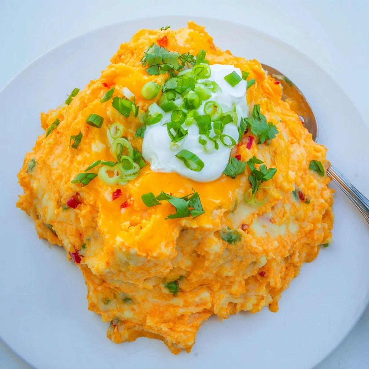 Spicy Tex Mex mashed potatoes in a rustic bowl with colorful bell pepper bits
