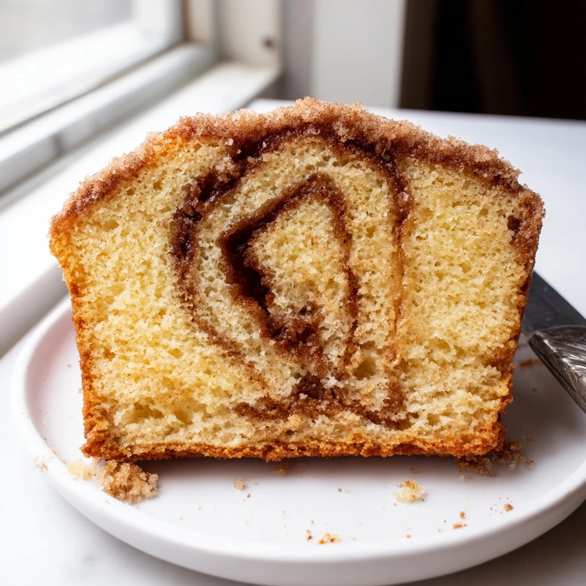 Warm cinnamon donut loaf sliced thick with a golden cinnamon sugar crust on top