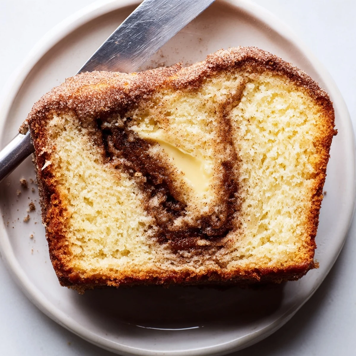 Moist cinnamon donut loaf on a rustic cutting board ready for breakfast serving