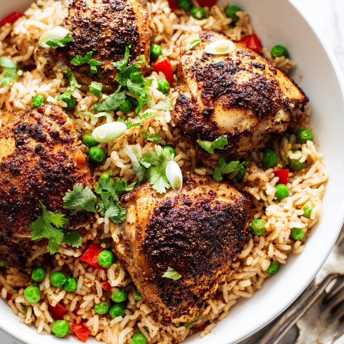 Spicy jerk chicken rice served steaming in a cast iron skillet with fresh cilantro garnish