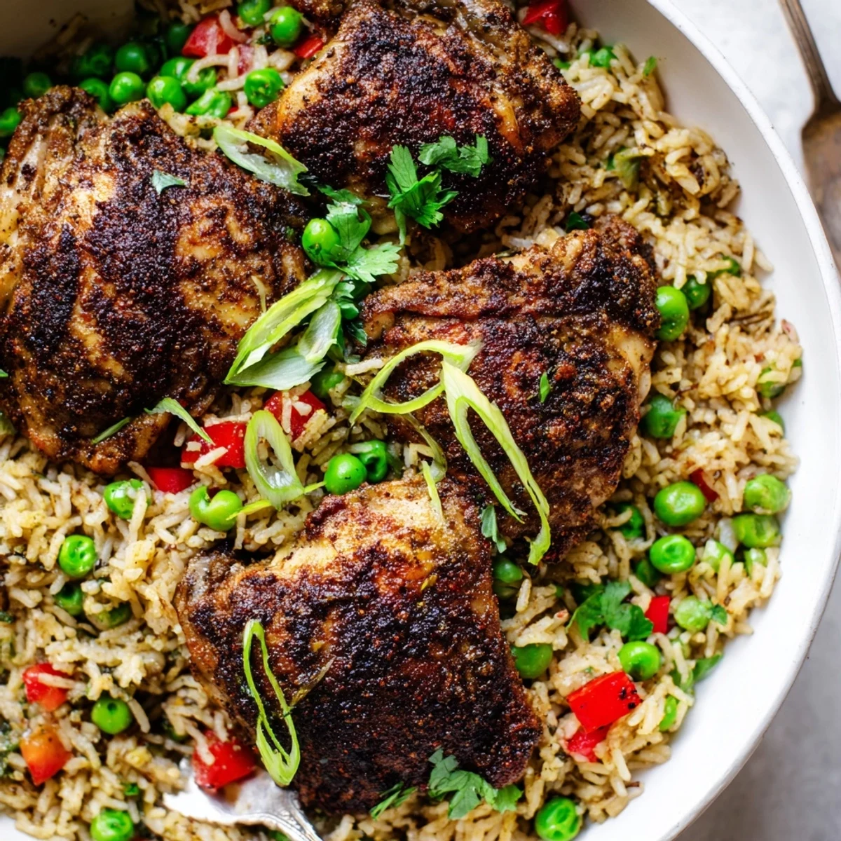 A vibrant bowl of spicy jerk chicken rice topped with spring onions and lime wedges