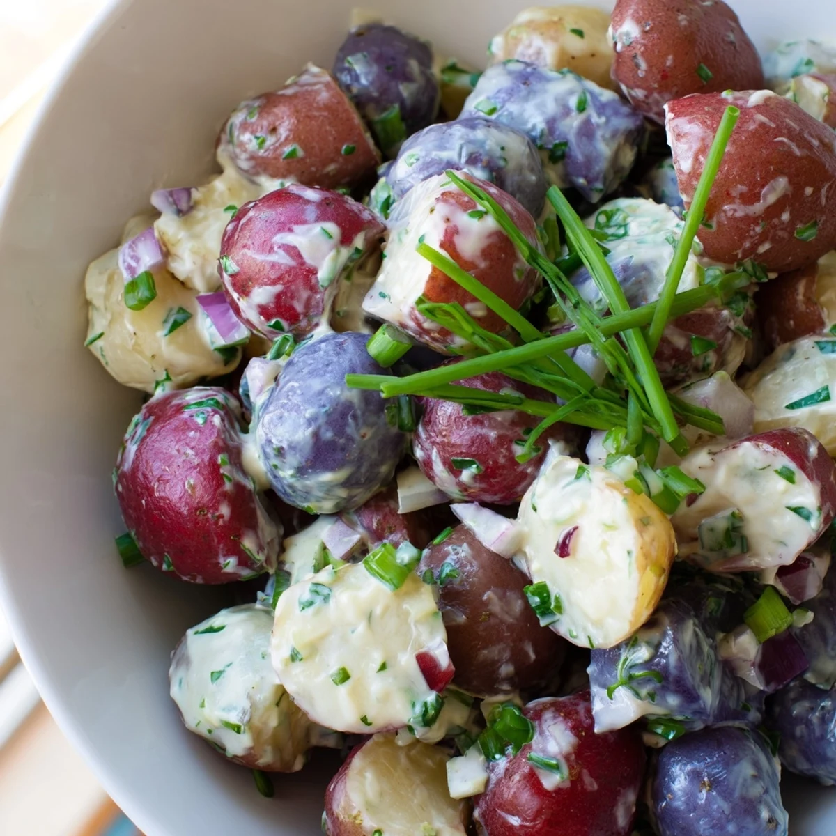 Red White Blue Potato Salad served in a rustic bowl with fresh herb garnish